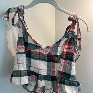 American Eagle Outfitters Plaid Tie-Strap Crop Tank Top in Red, Green, White